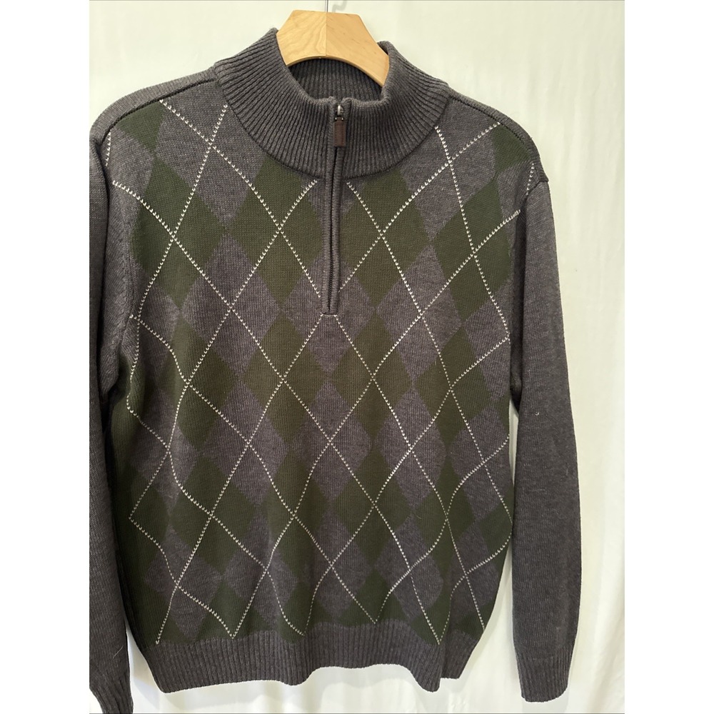 SWEATER Men's XL  Long Sleeve‎ Gray/Green Argyle 1/4 Zip Grandpa Core